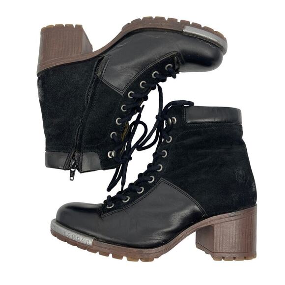 Fly London Leal Combat Boot Black w/ Brown Heel EU 40 9-9.5 Block Heel